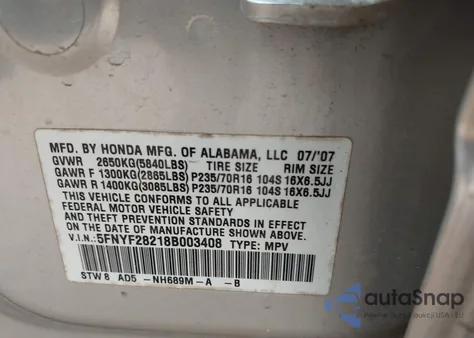 2008 Honda Pilot Vp from USA, damaged, VIN 5FNYF28218B003408